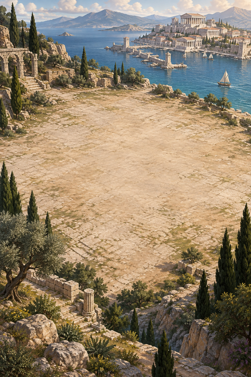 Development artwork of a sunlit classical settlement with stone buildings and terracotta roofs