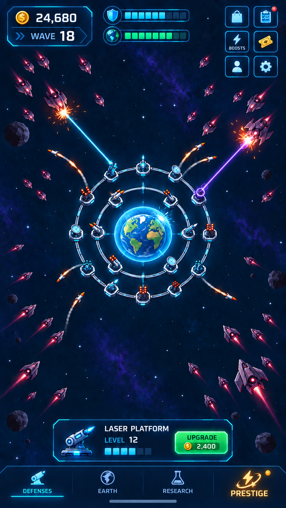 Earth surrounded by orbital defenses as alien ships attack