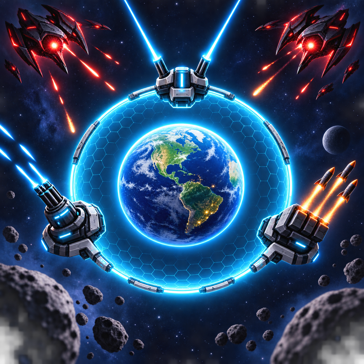 Earth to Infinity app icon showing Earth within an orbital shield as alien ships attack