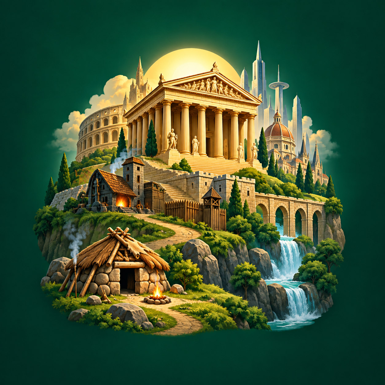 Idle Agekeepers app icon showing a civilization rising from a campfire to a golden temple